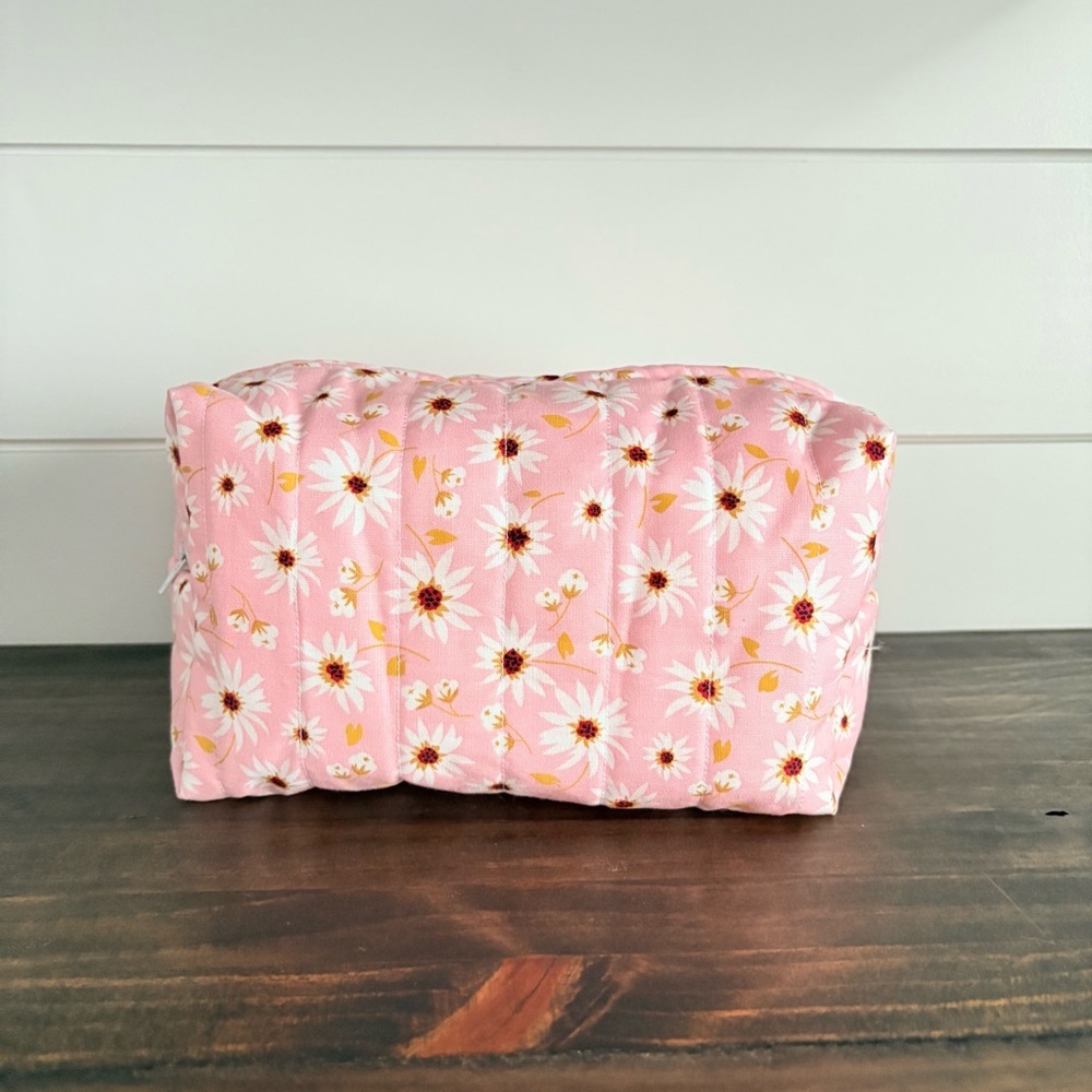 Handmade Flower Print Cosmetic Make Up Bag Pink/White Sz OS